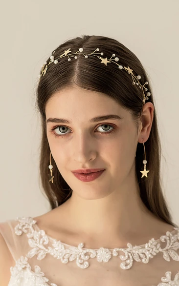 Golden Beaded Bridal Headbands and Earrings with Stars 