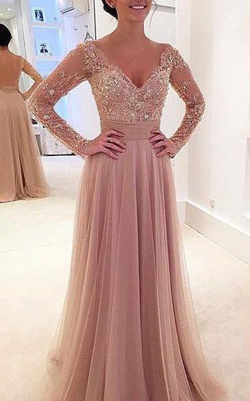 Elegant Long Sleeve Lace Appliques Evening Dress Tulle Detachable