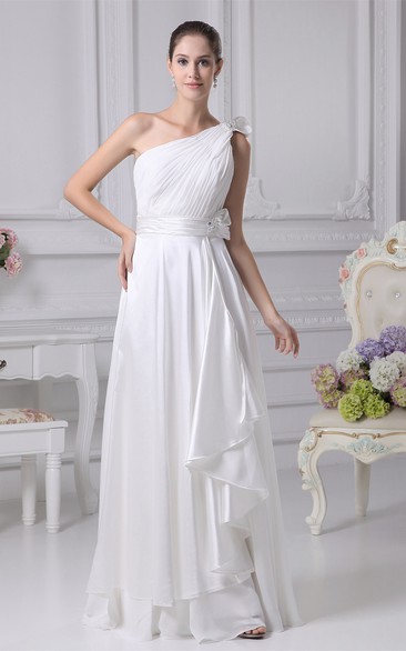 One-Shoulder Maxi Draped Ruched Top and Dress With Broach