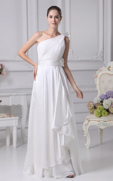 One-Shoulder Maxi Draped Ruched Top and Dress With Broach