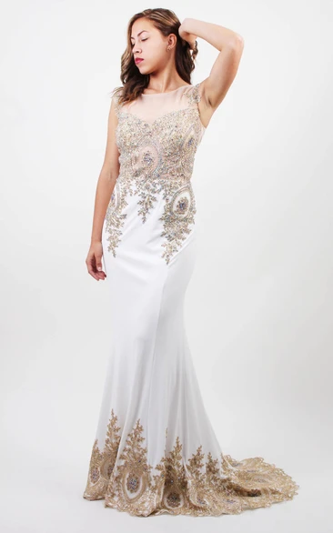 Sheath Bateau Sleeveless Jersey Illusion Dress With Beading