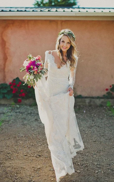 Sheath Short V-Neck Long Sleeve Bell Illusion Pleats Illusion Court Train Backless Illusion Lace Dress