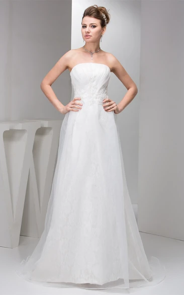 Strapless Tulle A-Line Chiffon Gown With Lace