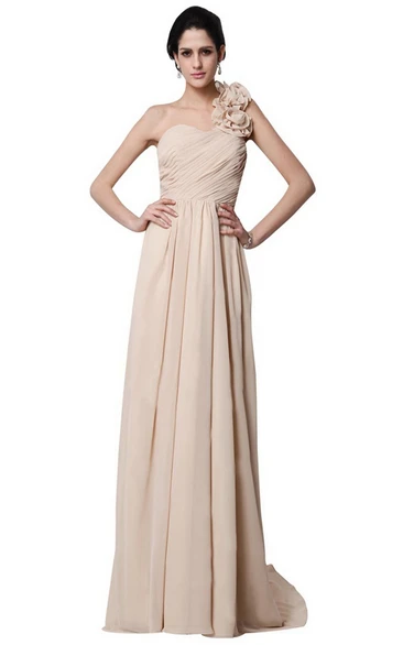 One-shoulder Long Chiffon Dress With Flowers