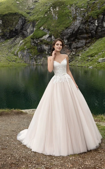 V-neck Romantic A-line Tulle Wedding Dress With Lace Bodice And Pleatings