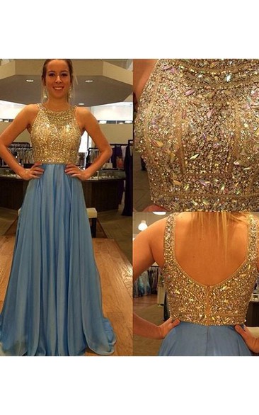 A-line Sleeveless Scoop Chiffon Beading Sweep Train Dresses