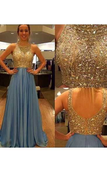 A-line Sleeveless Scoop Chiffon Beading Sweep Train Dresses