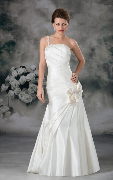 Ruched A-Line Mermaid Single Strap and Gown With Flower
