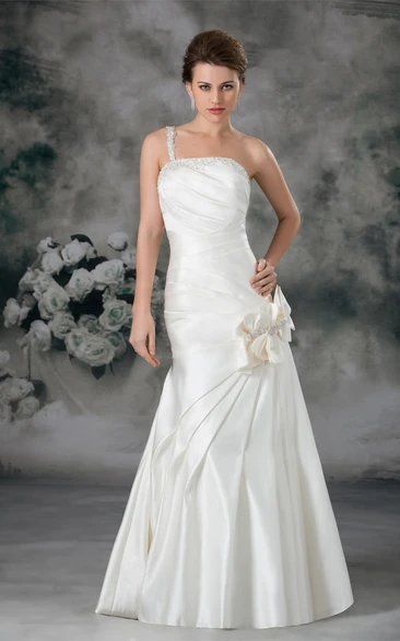 Ruched A-Line Mermaid Single Strap and Gown With Flower