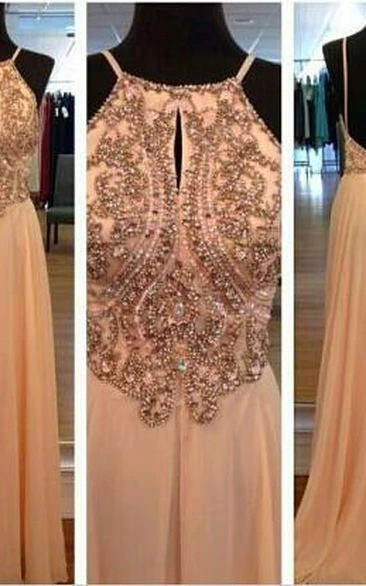 Sexy Spagetti Long Prom Dress Chiffon Straps Evening Party Gowns With Beadings Crystal