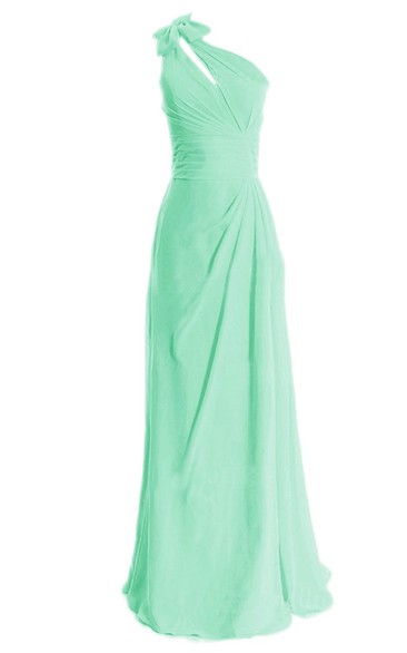 One-shoulder Side-drappping Chiffon A-line Gown With Bow