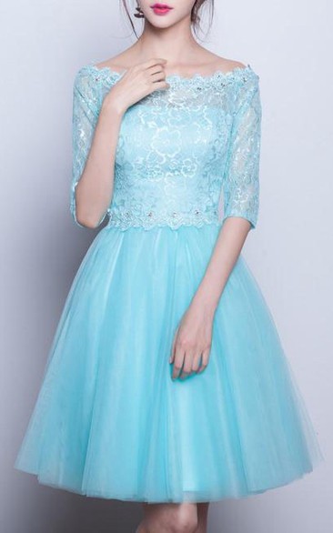 Bateau Neck Half Sleeves Lace Beaded Prom Dress