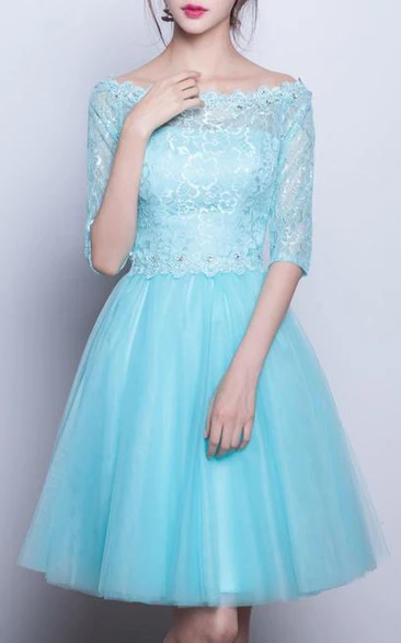 Bateau Neck Half Sleeves Lace Beaded Prom Dress