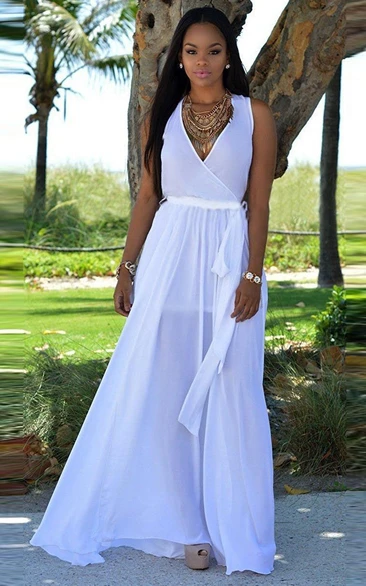 Sleeveless V-neck A-line Floor-length Chiffon Dress