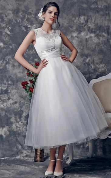 Stunning Beaded Illusion Neckline Tea Length Dress With Lace Embellished Back