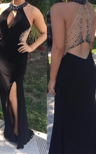 Sexy Black Keyhole Prom Dresses Long Slit Floor Length