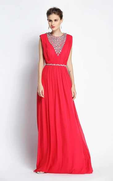 A-Line Floor-length Jewel Chiffon Sleeveless Prom Dress with Beading and Ruching